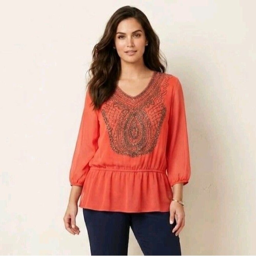 Colleen Lopez Collection XL Orange Beaded Tunic Blouse Sheer V Neck 3/4 Sleeve